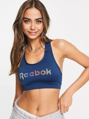 Reebok - Gina racer back logo crop top sports bra in blue - Image 4