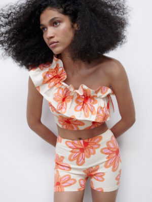 Zara - ASYMMETRICAL CROP TOP WITH PRINT - Off-white / Red - Image 3