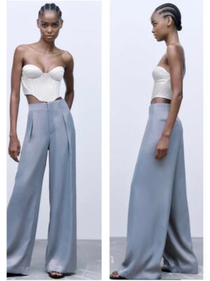 Zara - blue gray full length satin effect wide leg pants - Image 3